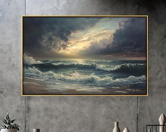 Framed Ocean Wave Painting: Coastal Sunset Wood Wall Art