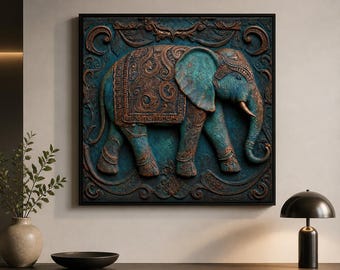 Ornate Elephant Framed Wood Print Wall Art, Turquoise Copper Relief Style Artwork, Vintage Patina Decor, Deep or Floating Frame