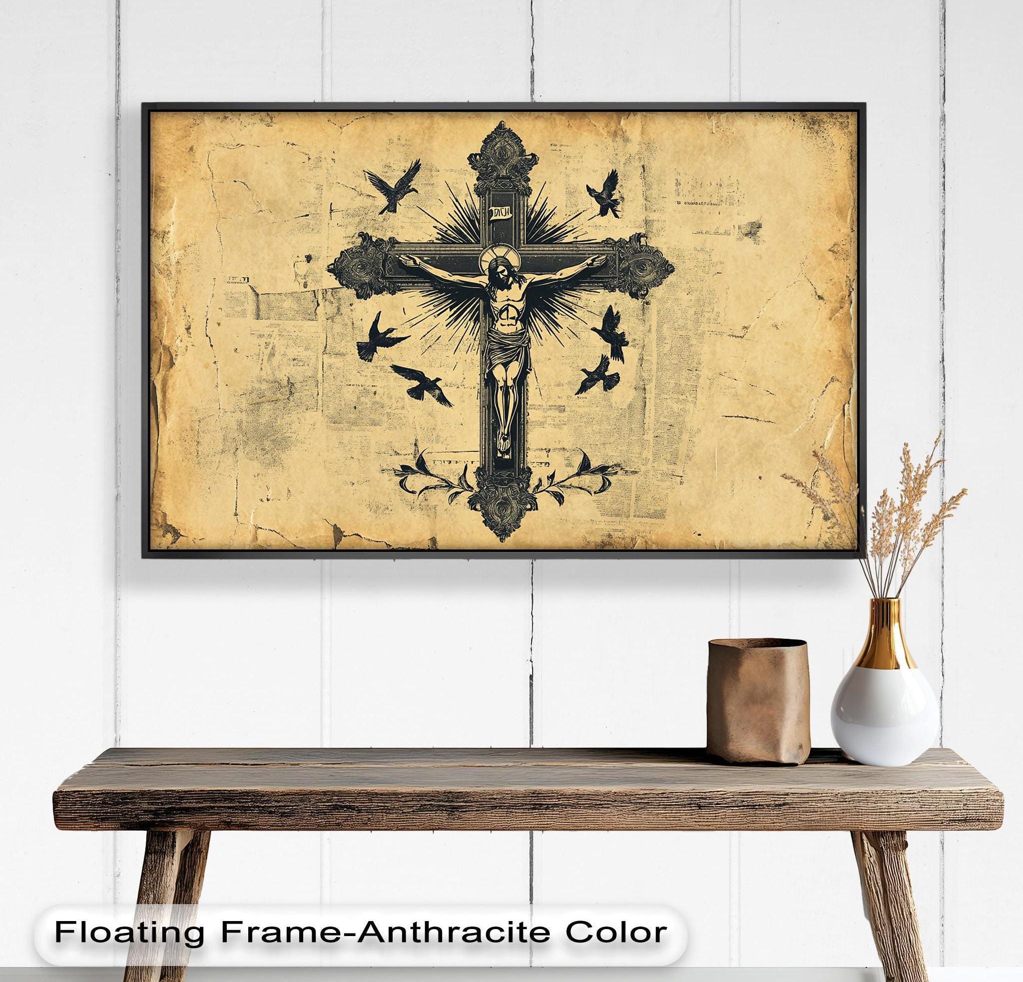 Vintage Crucifix Oil Painting: Religious Cross with Birds, Framed Wooden Wall Art