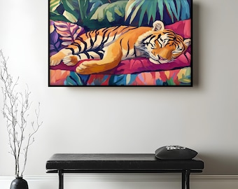 Stampa incorniciata di una tigre addormentata: un dipinto murale colorato con un animale della giungla.