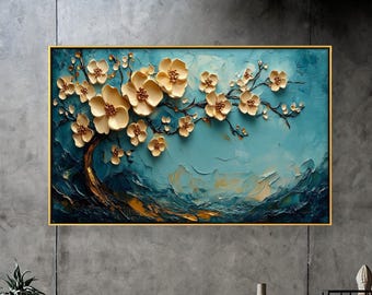 Framed Blossom Tree Wall Painting: Textured 3D Floral Wall Art Painting Look Wall Art