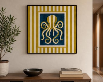 Abstract Octopus Framed Wood Print Wall Art, Navy Mustard Nautical Illustration, Deep or Floating Frame Coastal Decor