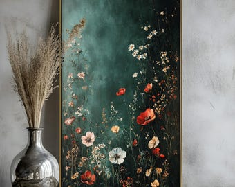 Quadro com estampa de campo de flores silvestres: moldura flutuante dourada, estilo rústico cottagecore, arte de parede para o Dia das Mães.