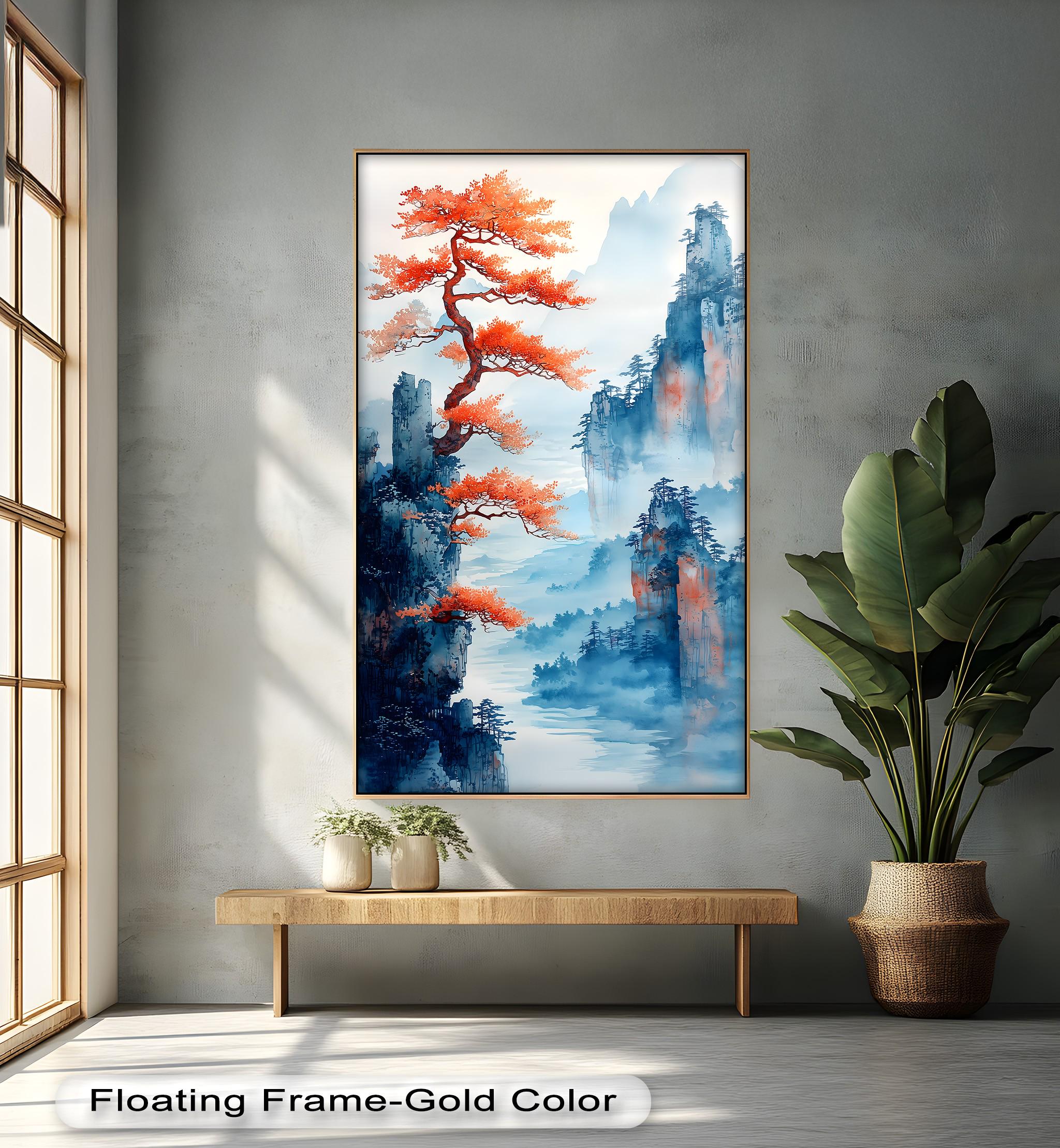 Framed Japanese Zen Landscape Art: Misty Mountain Pine Tree Wall