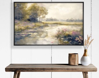 Framed River Landscape Print: Rustic Wooden Wall Art Painting Look Wall Art
