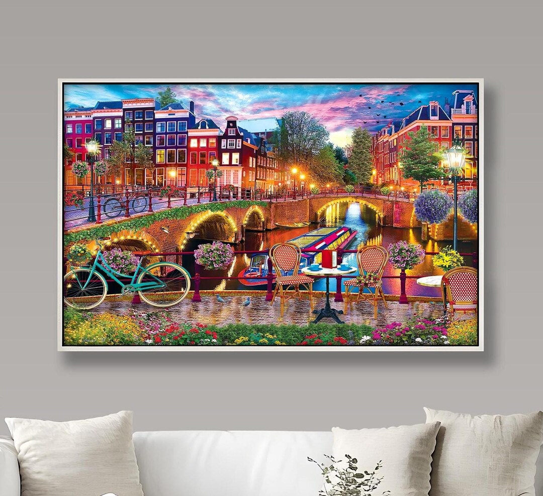 Amsterdam Canal Wall Painting: Framed Wooden Cityscape Wall Art Oil ...