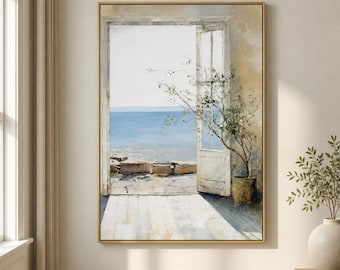 Open Door to Sea Framed Wood Print Wall Art, Mediterranean-Inspired Coastal View, Blue Beige Decor, Window Wooden Wall Art, Wood Wall Decor