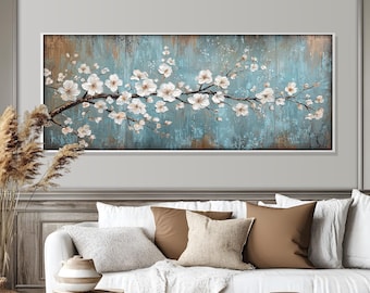 Cherry Blossom Wall Art: Rustic Blue Floral Print , Floating Frame Painting Look Wall Art