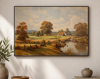 Riverside Cottage Framed Wood Print Wall Art, Autumn Countryside Landscape, Vintage Wooden Wall Art, Wood Wall Art, wood wall hanging
