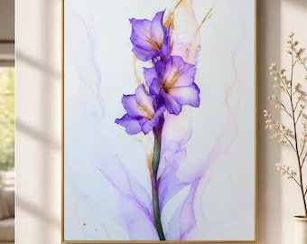 Purple Gladiolus Framed Wood Print Wall Art, Lilac Marble Effect Floral Artwork, Deep or Floating Frame Decor