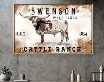 Personalized Cattle Ranch Wall Art, Custom Ranch Name Wood Print Art, Western Longhorn Decor Sign, Texas Farmhouse Gift, Est Year