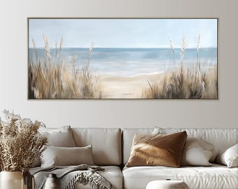 Coastal Beach Framed Oil Painting on Wood: Seaside Panoramic Wall Art