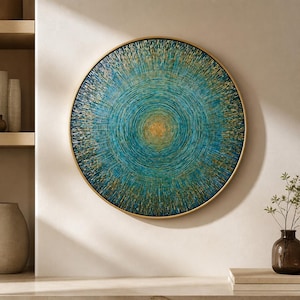 May include: A circular wall art piece featuring a radial pattern of teal, blue, and gold paint strokes. The design radiates from a central gold point toward the edges, enclosed within a thin, circular gold frame that highlights the textured finish.