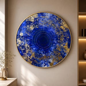May include: A circular wall art piece featuring a deep blue background with swirling textures and metallic gold leaf accents. The artwork is enclosed in a thin gold frame and displays a series of concentric circular lines radiating from the center.
