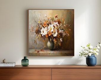 Ingelijste bloemenmuurschildering: rustieke bloemenvaaskunst schilderij look muurkunst