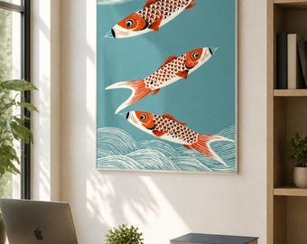 Koi Fish Framed Wood Print Wall Art, Red Orange Japanese-Inspired Aquatic Artwork, Teal Decor, Deep or Floating Frame