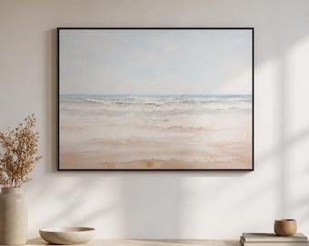 Soft Blue Ocean Framed Wood Print Wall Art, Neutral Beach Seascape with White Waves, Coastal Decor, Coastal wood wall art