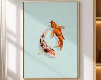 Two Koi Fish Framed Wood Print Wall Art, Orange White and Black Pond Artwork, Aqua Blue Decor, Wooden Wall Art, Japanese Fish Wood Wall Art