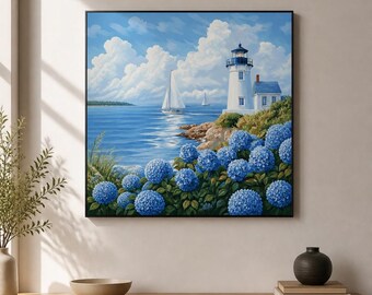 Coastal Lighthouse Wood Print, Blue Hydrangea Seascape Wall Art, Sailboat Painting Style, Vertical Nautical Home Decor