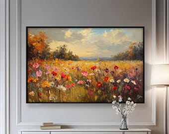 Framed Wildflower Field Wall Painting: Rustic Floral Landscape Wall Art Painting Look Wall Art