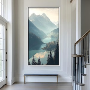 Panoramic Mountain Lake Wall Art, Serene Nature Landscape Print, Misty Forest Reflection, Tranquil Scenic Decor for Home & Office
