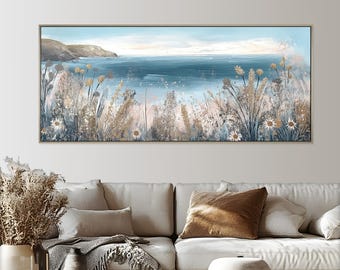 Cuadro mural costero enmarcado: vista panorámica del océano, arte mural con aspecto de paisaje costero con flores silvestres.