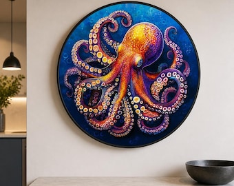 Colorful Octopus Round Framed Wood Print Wall Art, Underwater Sea Life, Deep or Floating Frame Ocean Decor