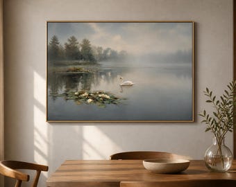 Swan Lake Framed Wood Print Wall Art, Misty Forest and Water Lily Landscape, Serene Neutral Decor, Deep or Floating Frame