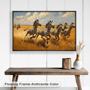 Running Zebras Wooden Wall Art, African Safari Wildlife Decor, Framed Animal Print for Living Room, Rustic Jungle Wooden Artwork