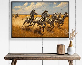 Running Zebras Framed Wooden Wall Art: African Safari Decor