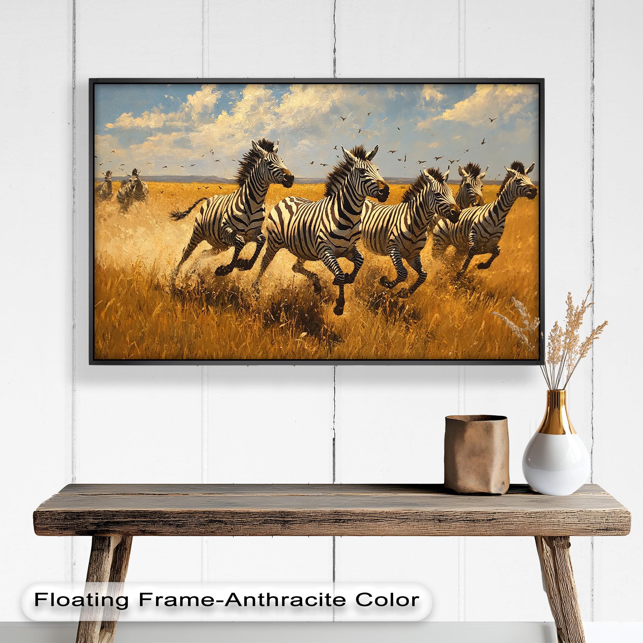 Running Zebras Framed Wooden Wall Art: African Safari Decor