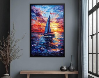 Framed Sailboat Wall Painting : Sunset Seascape, Coastal Wall Art Painting Look Wall Art