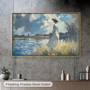Lakeside Woman Wooden Wall Art: Gold Floating Frame, Romantic Home Decor