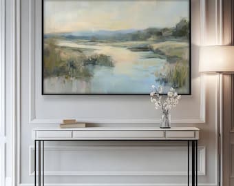 Framed River Landscape Art: Modern Minimalist Floating Frame Painting Look Wall Art