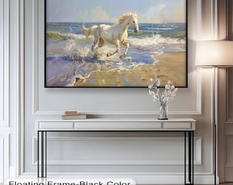 美しさと力強さ、馬と海の油絵、キャンバス上の白い馬のアート、白い馬