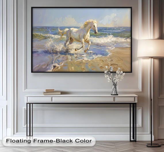 油絵　沖縄の風景と馬 白い馬の壁画：ビーチギャロップの額入りウォールアート油絵風ウォール