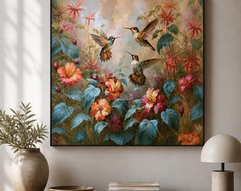 Three Hummingbirds Framed Wood Print Wall Art, Tropical Floral Bird Artwork, Colorful Garden Decor, Deep or Floating Frame
