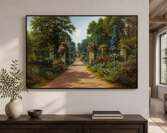 Formal Garden Estate Framed Wood Print Wall Art, Wrought Iron Gate and Flower Path Landscape, Deep or Floating Frame