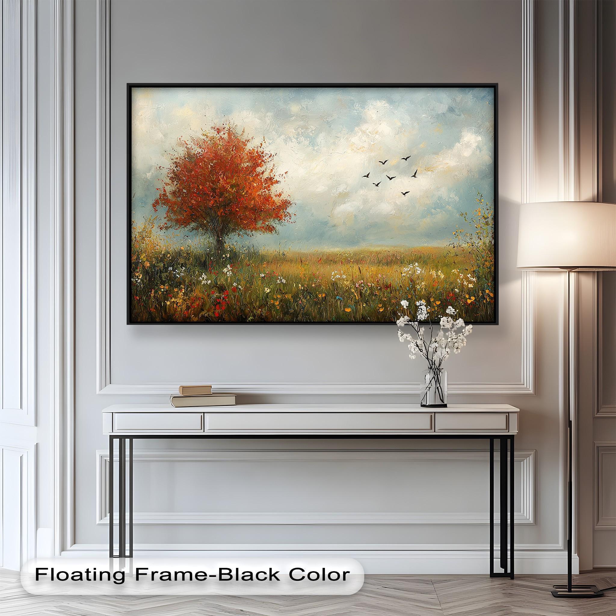 Framed Autumn Tree Oil Painting on Wood: Rustic Landscape Art