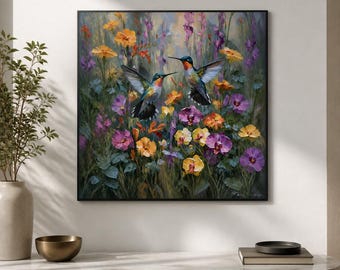 Hummingbird Framed Wood Print Wall Art, Colorful Wildflower Garden Artwork, Impasto Bird Decor, Deep or Floating Frame