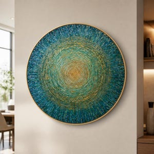 May include: A circular wall art piece featuring a radial pattern of textured paint strokes in shades of deep teal, turquoise, and metallic gold. The design radiates from a central golden point outward toward the thin, circular gold frame.
