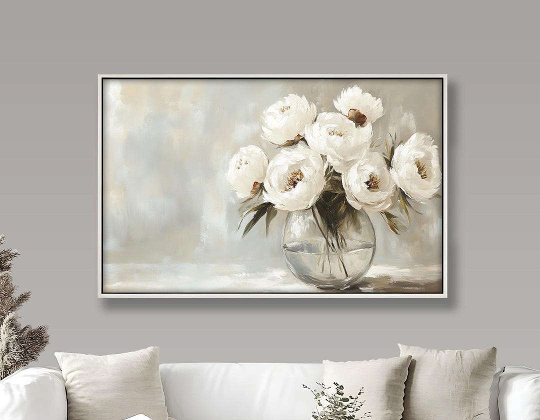 Framed White Peony Wall Painting : Elegant Floral Wall Art Oil Painting ...