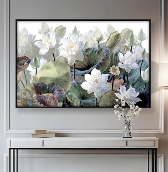蓮の花の壁画：額装された木製壁画風ウォールアート、ミニマリスト