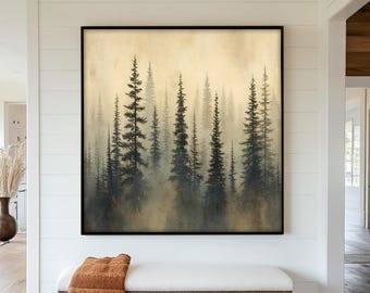Framed Misty Forest Wall Painting : Rustic Pine Tree Wall Art Painting Look Wall Art, Minimalist Wall Art