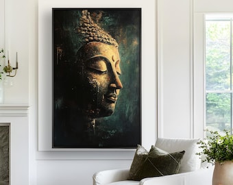 Framed Buddha Head Oil Painting: Tranquil Zen Wall Art