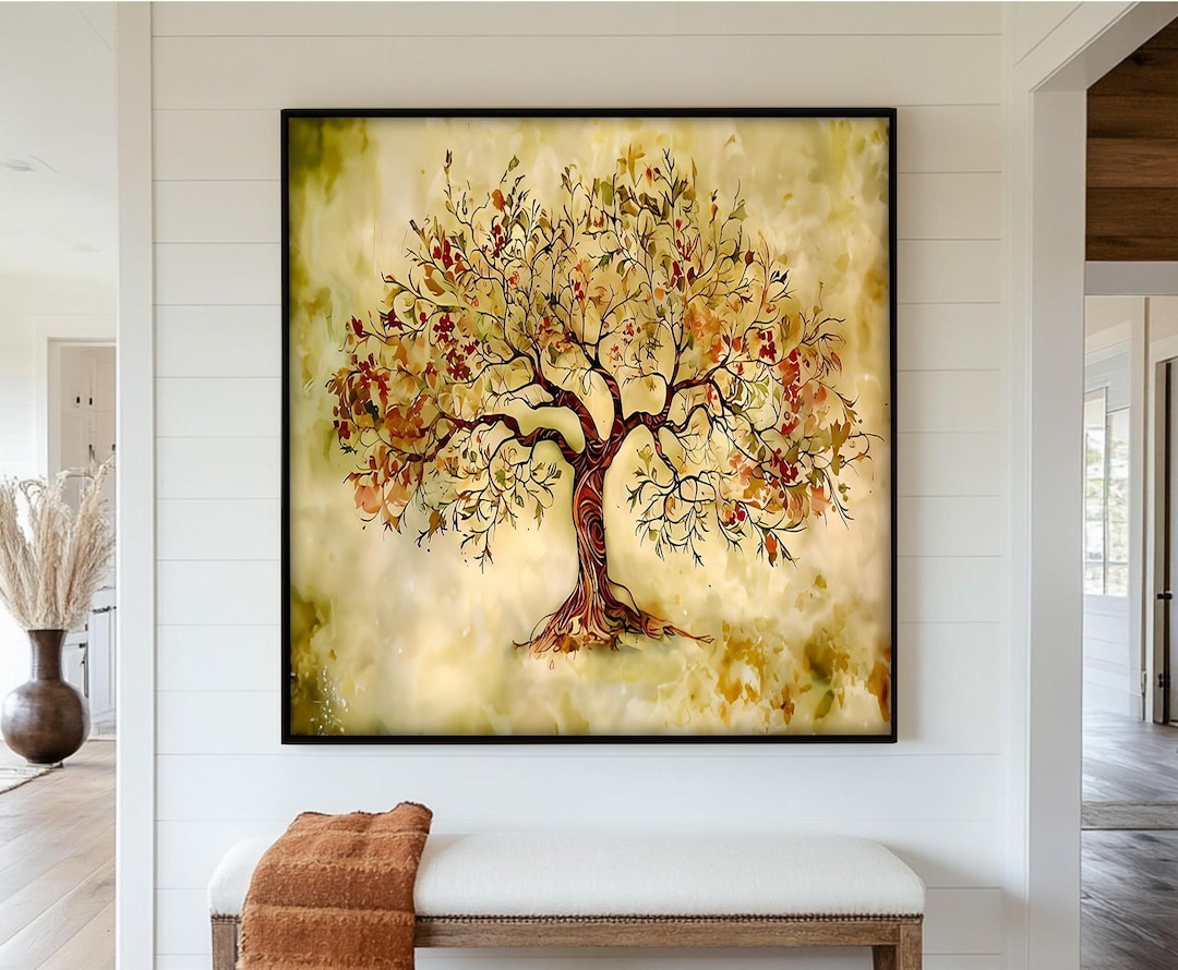 Framed Tree of Life Wall Painting: Rustic Gold Accent Wall Art Oil ...