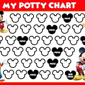 May include: A printable potty training chart featuring Mickey Mouse and Donald Duck. The chart has 30 Mickey Mouse ears, with some marked "prize" and one marked "big prize".