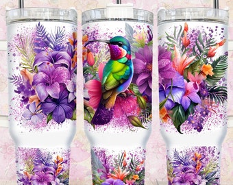 Hummingbird 40oz Quencher Tumbler Design, Sublimation Floral Digital PNG Wrap, Digital Download 40oz Design, 40oz Quencher Hummingbird wrap