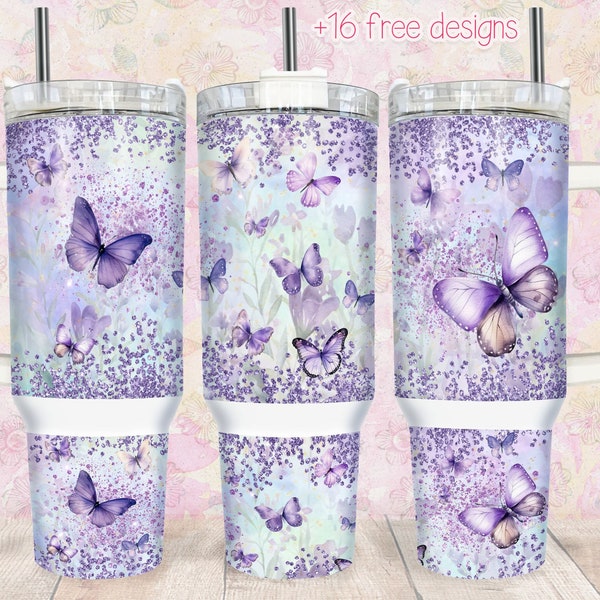 Purple Butterfly 40oz Quencher Tumbler Design, Sublimation Floral Digital PNG Wrap, Digital Download 40oz Design, 40oz Quencher Butterfly