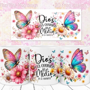 Diseño de taza bíblica en español, diseño de sublimación digital, diseño digital de taza de 11 oz /15 oz, diseño de taza digital PNG, diseño de brillo de mariposa, envoltura